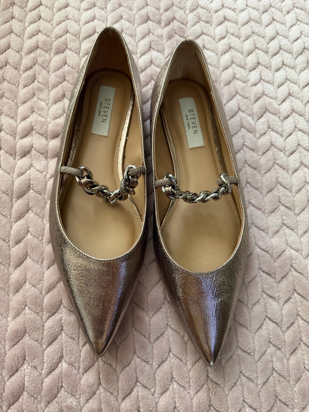 STEVEN New York Women’s Milla Pointed Toe Flat Pewter/Silver Chain  Sz 9